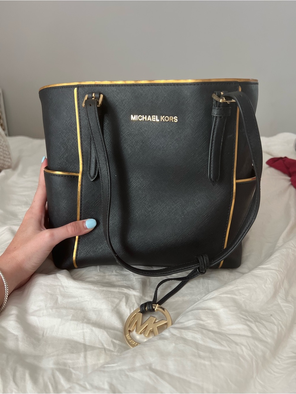 Michael Kors Black Shoulder Tote with Gold Trim